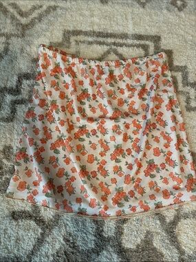 Mesh White Floral Mini Skirt with Orange Flower Print